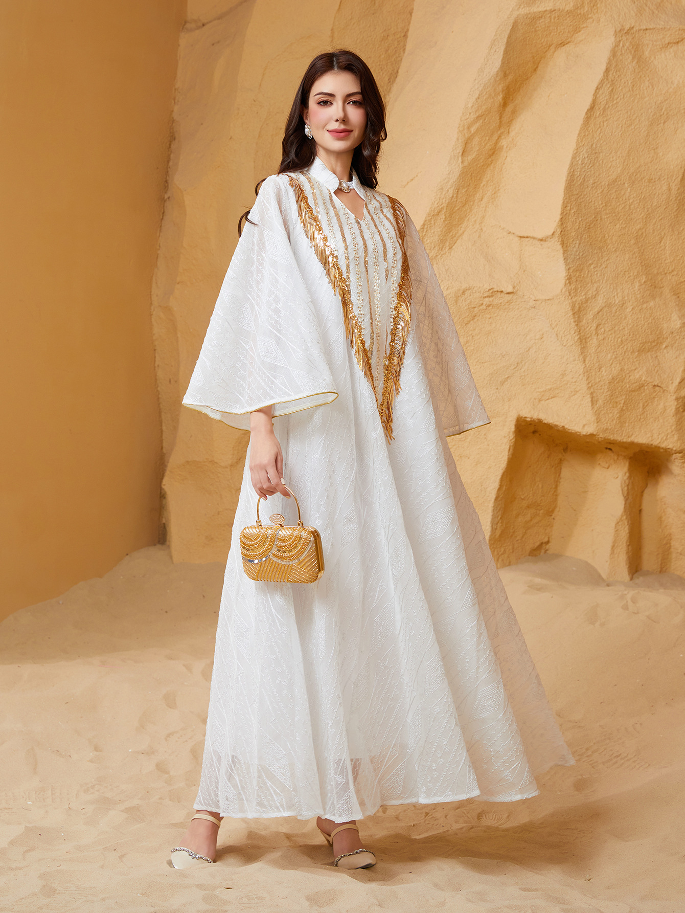 Sw005 Middle Eastern Cross-Border Muslim Evening Dress Arabian Dubai Robe Mesh Embroider Sequins Elegant