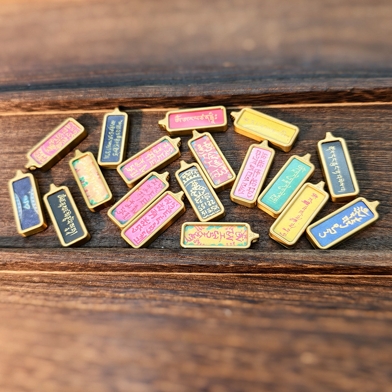 1*3 Titanium Steel Hand-Painted Mineral Sand Thangka Single-Sided Portable Titanium Steel Pendant Gold Small Strip Direct Wholesale from Manufacturer