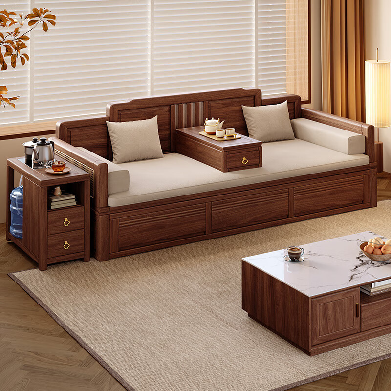 New Chinese-style Solid Wood Lohan Bed with Storage Box Body Modern Simple Antique Zen Living Room Black Walnut Sofa Bed
