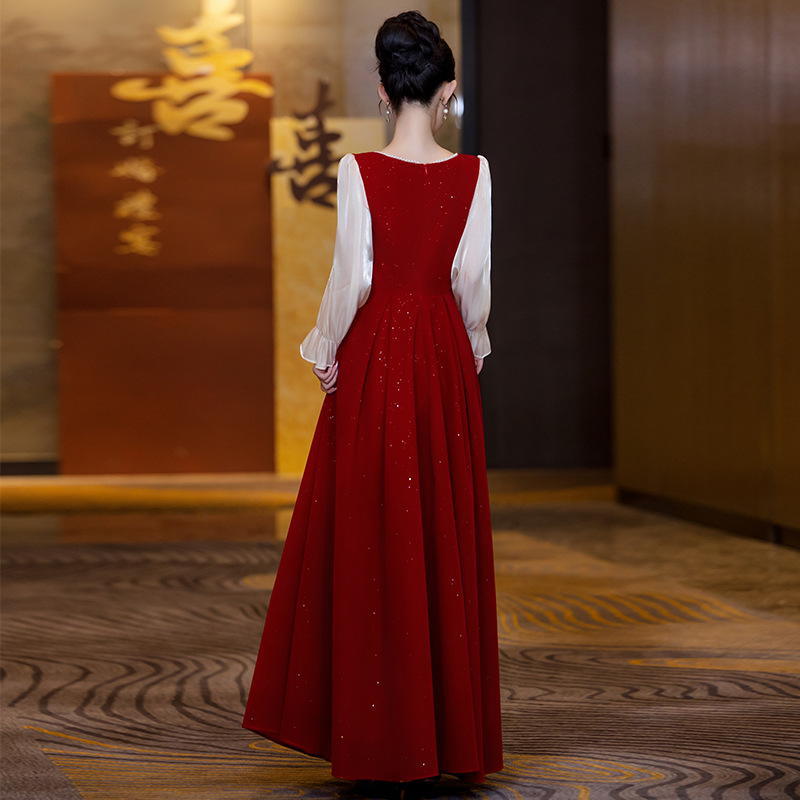 Red Velvet Engagement Dress Summer Burgundy Wedding Bride Pregnant Fat mm Toast Dress Slimming Look