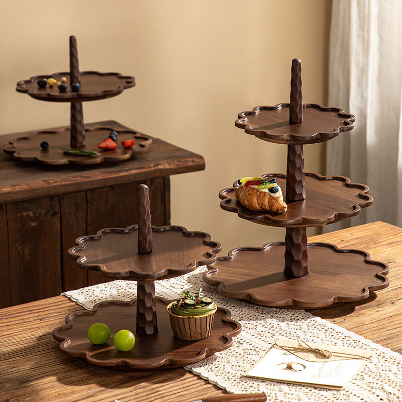 Cross-Border Retro Style Wooden Products Dessert Coffee Cake Plate Solid Wood Wooden Tray Lace Plate Fruit Plate Sample Production