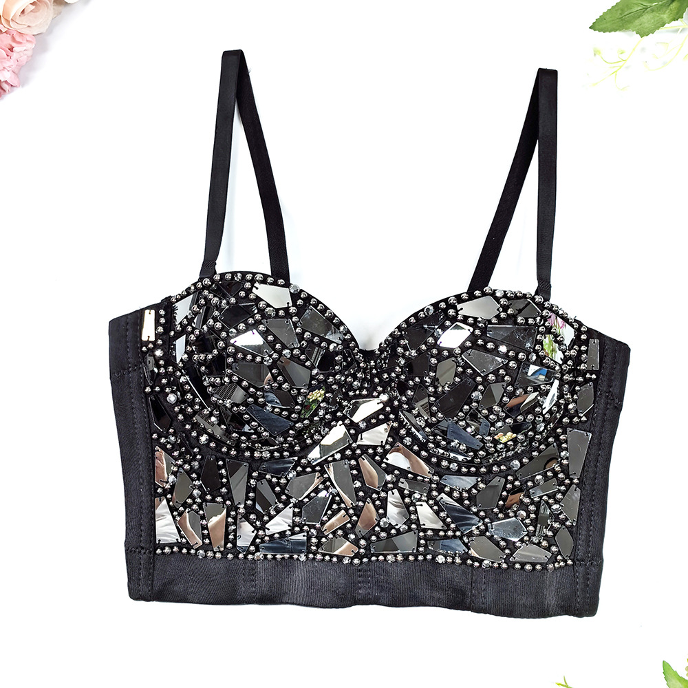 European and American Sexy Vest Suspender Shiny Glass Sheet Stage Performance Outer Wear Hot Selling Beaded Fishbone Top High-End