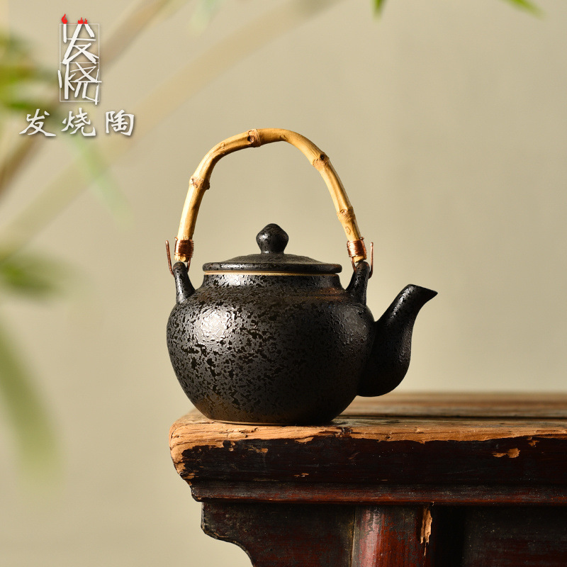 Full Set of Fever-Grade Ceramic Tea Brewing Utensils with Cast Iron Hook Charcoal Stove for Boiling Water and Lifting Teapot for Home Courtyard Heating