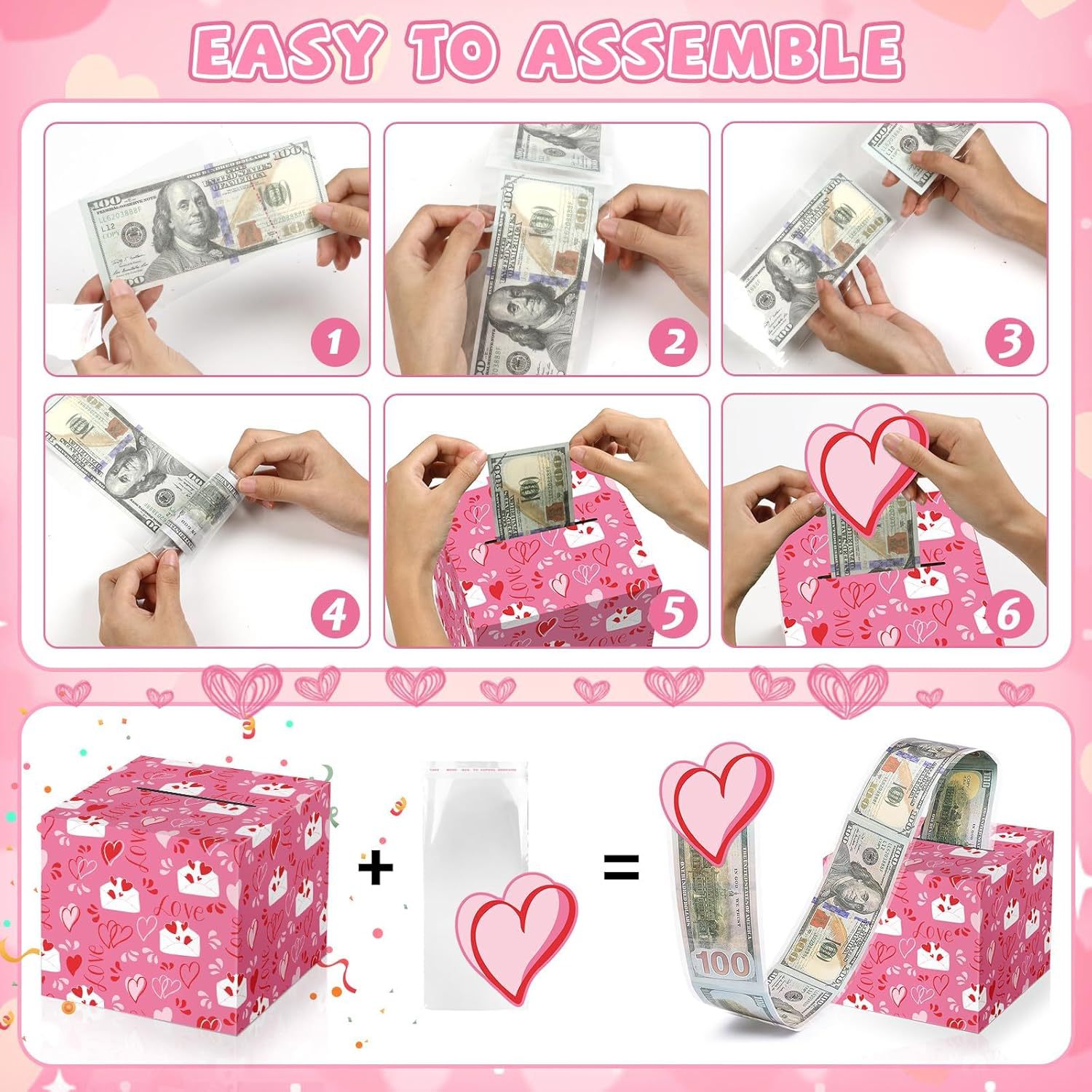 Valentine's Day Cash Box with Pink Money Bag, Cash Gift with Greeting Card, Valentine's Day Surprise Gift Box