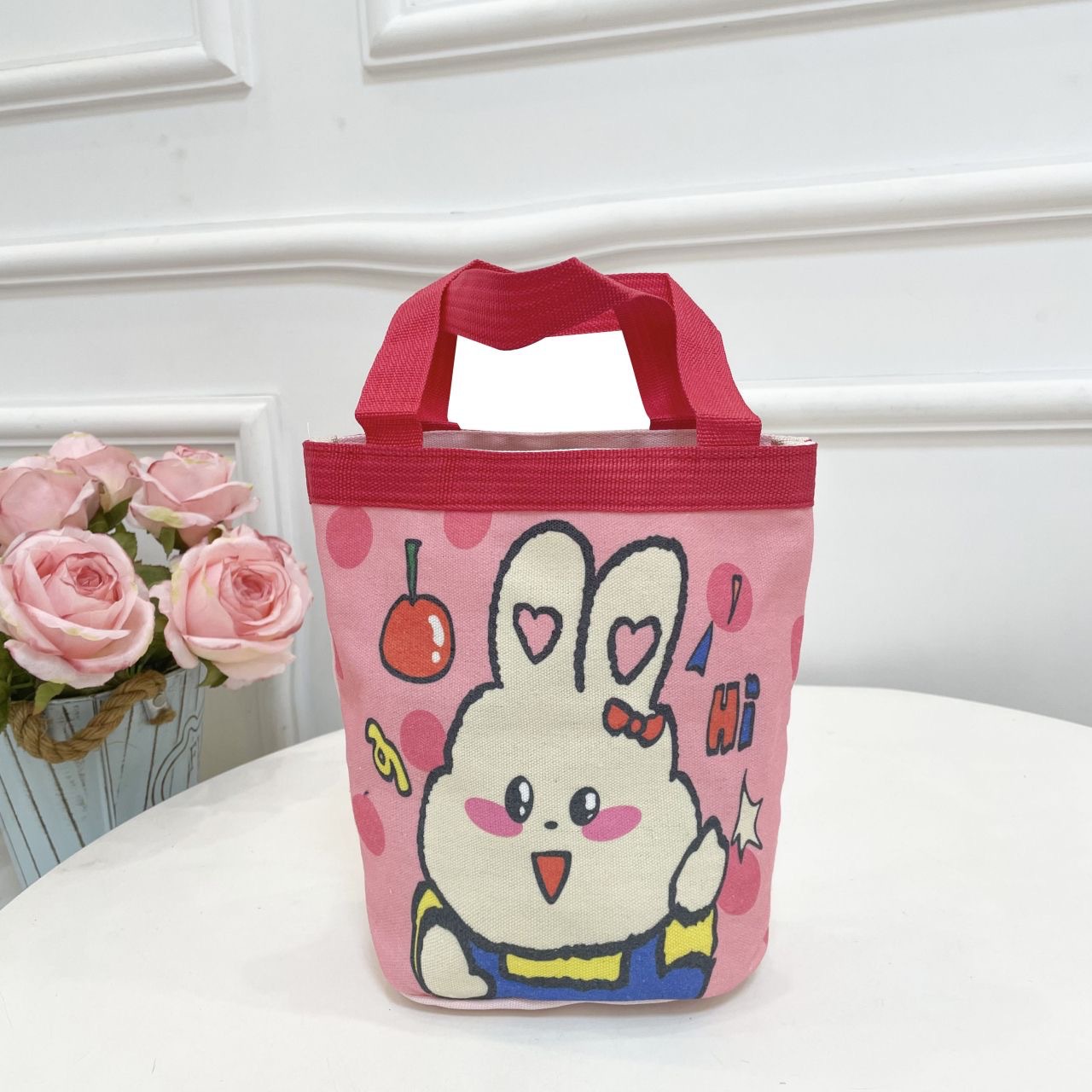 Cute Graffiti Bucket Bag ins Printed Cylindrical Bag Canvas Lunch Bag Korean Style Girl Hand Lunch Box Mommy Bag