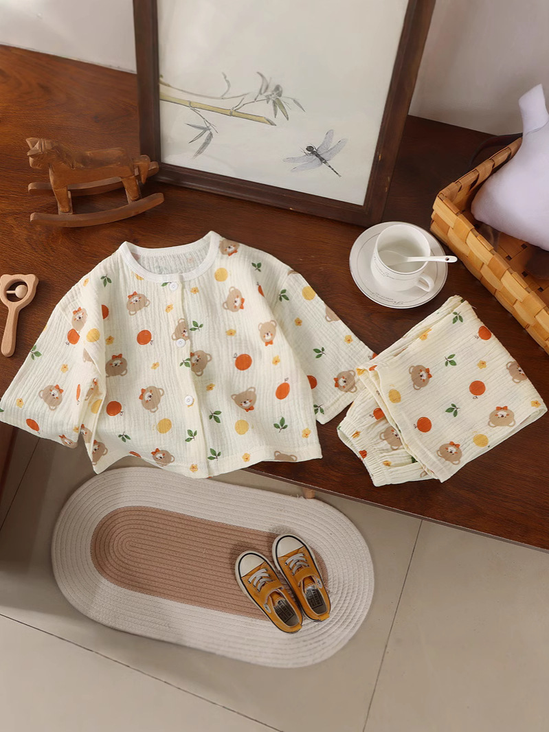 Girls Pure Cotton Cardigan Pajamas Kidsren's Nine-Quarter Sleeve Home Clothes Thin Baby Double-Layer Cotton Gauze Air-Conditioned Clothes Set