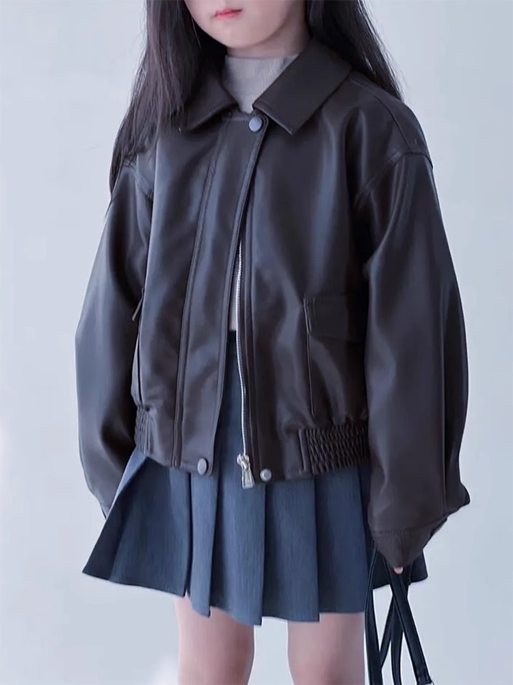 Spring and Autumn 2024 New Children's Leather Jacket Retro Motorcycle Short Jacket Handsome Korean Style Puleather Jacket for Boys and Girls