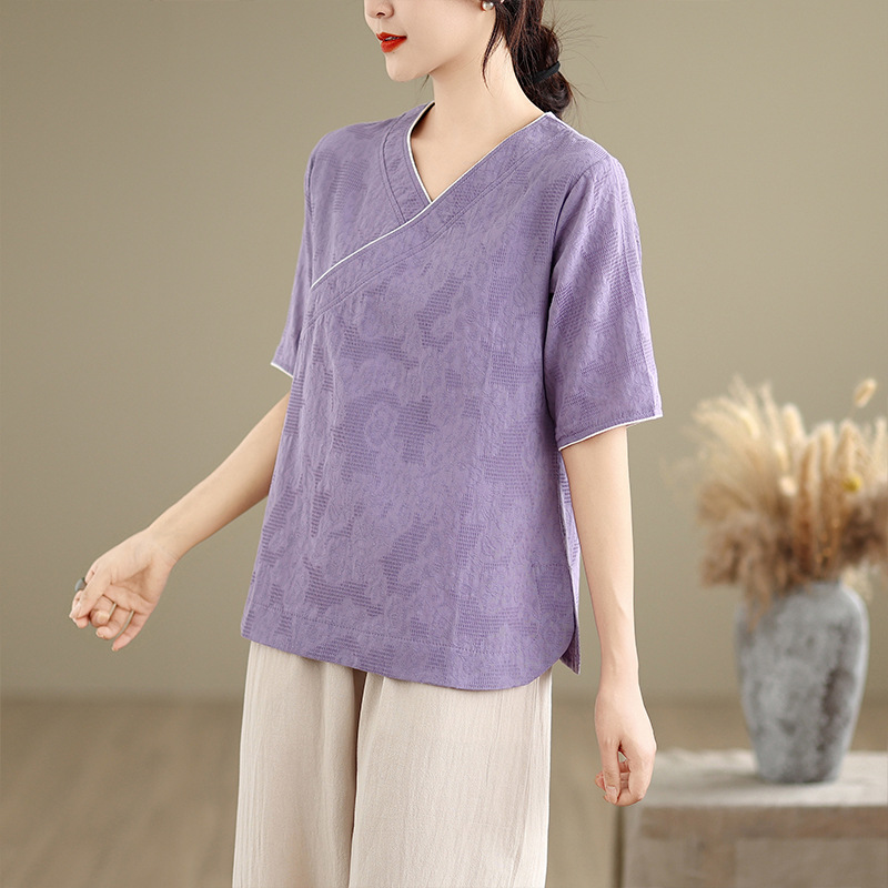 Summer New Style Chinese Women's Clothing, Artistic Retro Cotton and Linen Short-Sleeved Collared Tops, Casual Zen Tea Suits