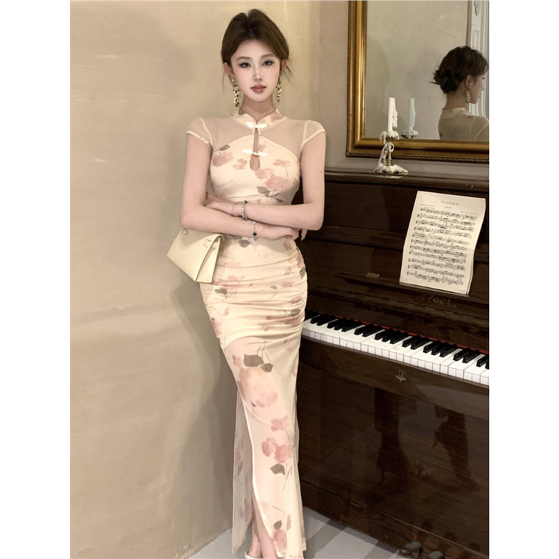 New Chinese Style Vintage National Style Printed Modified Cheongsam Sexy Hollow Mesh Stitching Slimming dress with Tight Waist