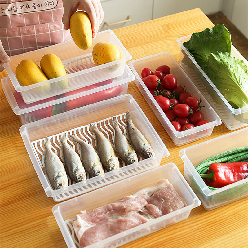 Kitchen Refrigerator Freezer Storage Box Rectangular Transparent Food Preservation Box Plastic Sealed Drain Storage Box with Lid