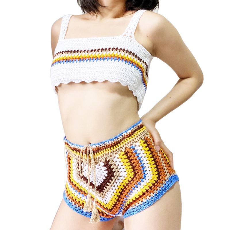Hand-Knitted European and American Style Amazon Aliexpress Knit Two-Piece Swimsuit Beach Bikini Hollow-Out Short Casual Versatile