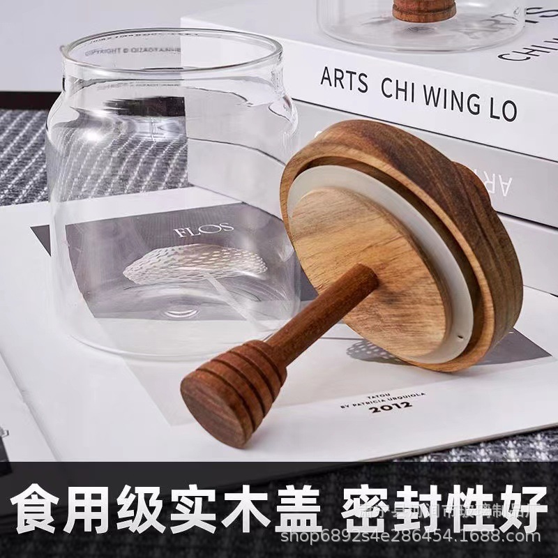 Wooden cover honey jar high-grade wooden stirring rod glass sealed jar factory wholesale transparent honey storage jar