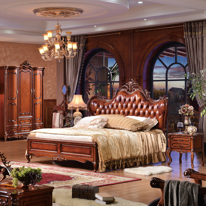 Кровать из кожи в европейском стиле, двуспальная, из массива дерева, для спальни, свадебная, французская, четырехдверный шкаф, туалетный столик