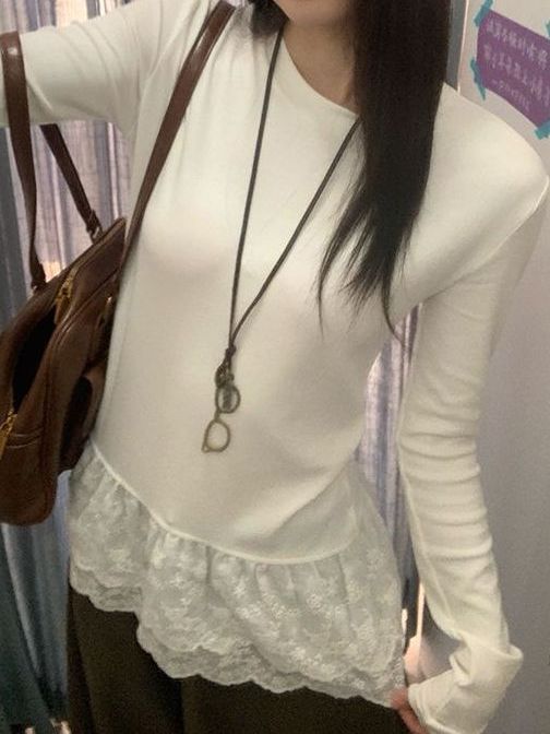 White Lace Inner Layering Shirt for Women 2025 Autumn and Winter Layered Korean Fashion Long-Sleeved T-Shirt Top