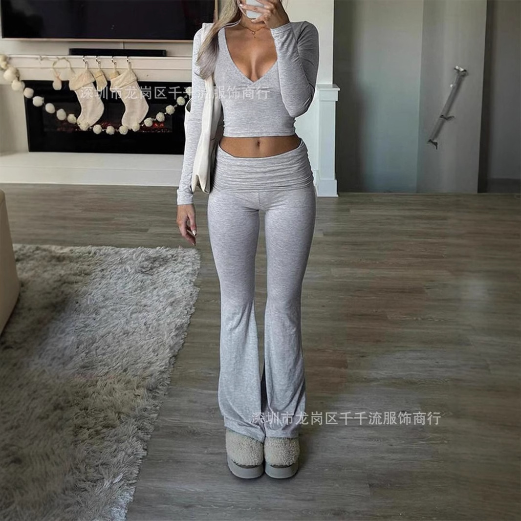 2024 Cross-border European and American Women's Clothing Amazon Leisure Sports Slim-fit Knitted Long-sleeved Pants Two-piece Suit