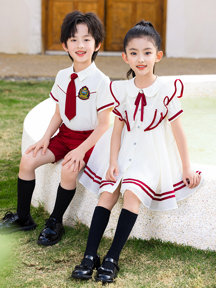 Children's Summer Short-sleeved White Shirt Skirt Class Clothes suit Primary School Students British Style School Uniform Kindergarten Garden Clothes Graduation Photo