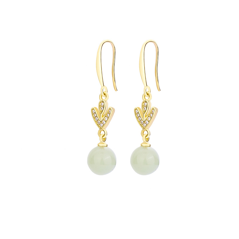 2023 New temperament inlaid zircon leaf ear hook hanging Hetian Jade round beads vintage earrings earrings wholesale