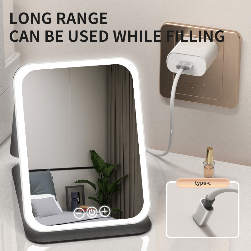 Cross-border Explosions led Makeup Mirror Portable Foldable Rechargeable Dressing Mirror with Lamp Desktop Light-filling Leather Shell Mirror