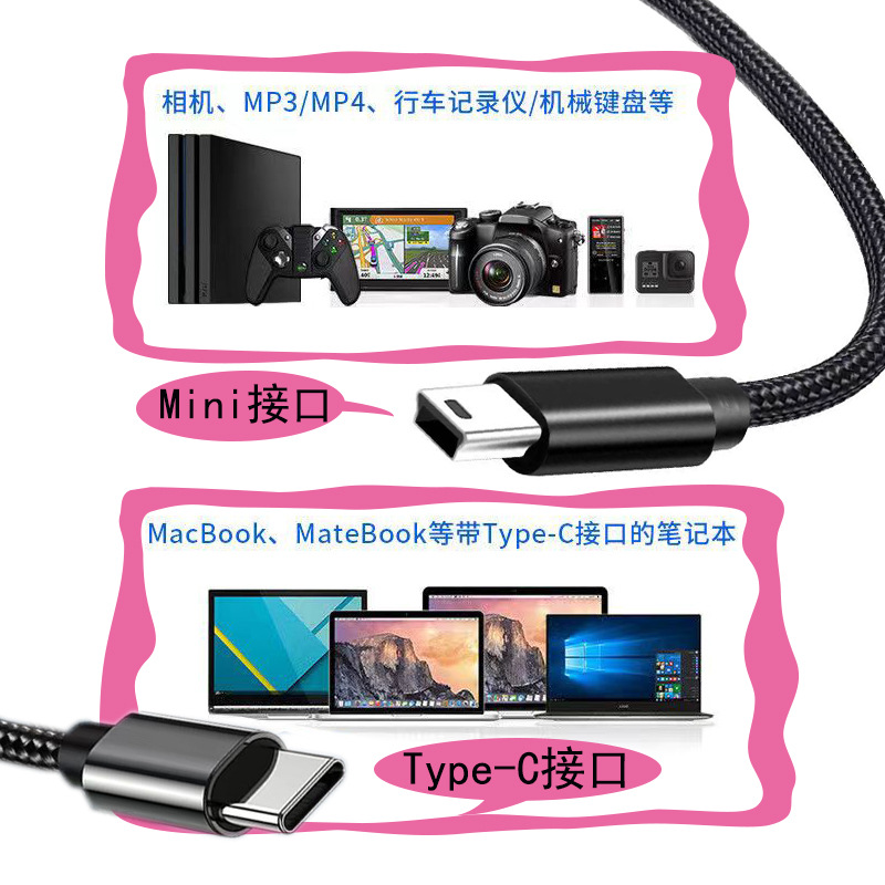 Typec to MiniUSB Camera T-shaped Data Cable Mobile Phone Camera Hard Disk Driving Recorder Transmission Charging Line