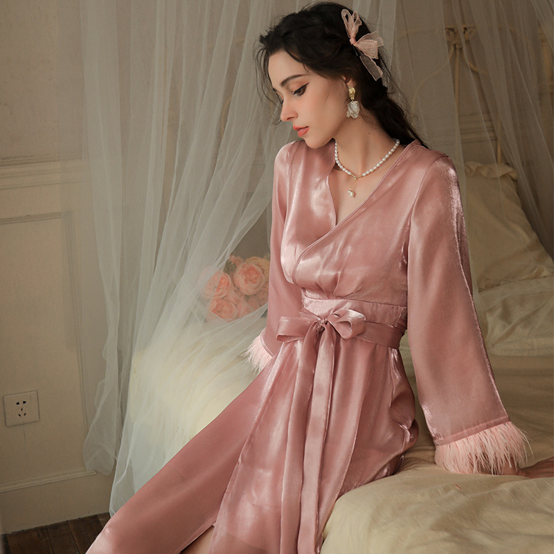 bride morning gown women's feather nightgown wedding makeup bridesmaid group wedding kimono satin long bathrobe