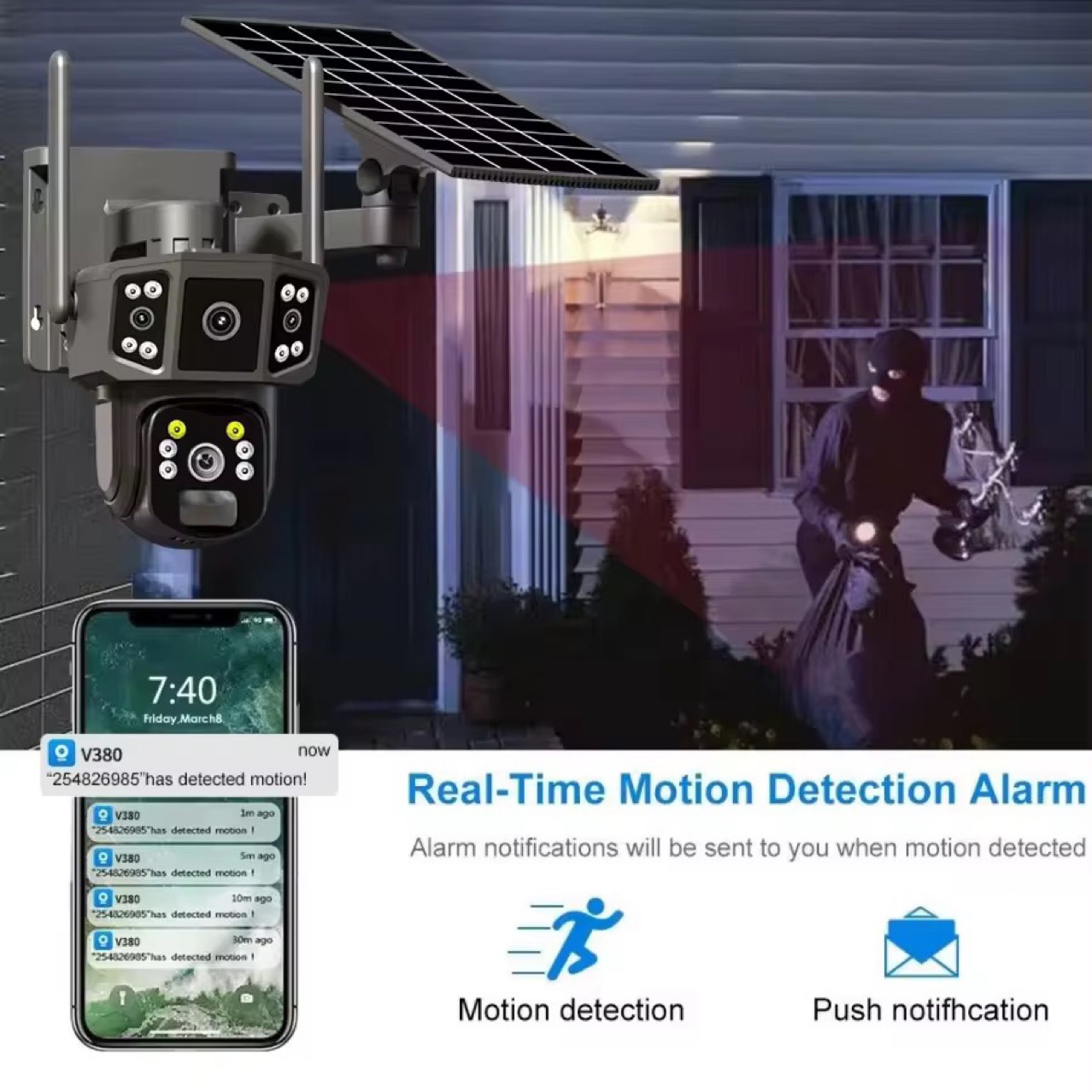 Solar surveillance camera 4 million HD intelligent full color night vision three picture low power outdoor monitor