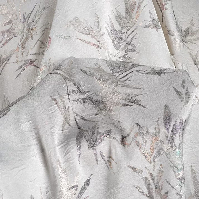 2025 New Imitation Acetate Bamboo Leaf Bronzing Wrinkled Fabric Polyester Satin New National Style Cardigan Cheongsam Dress Cloth