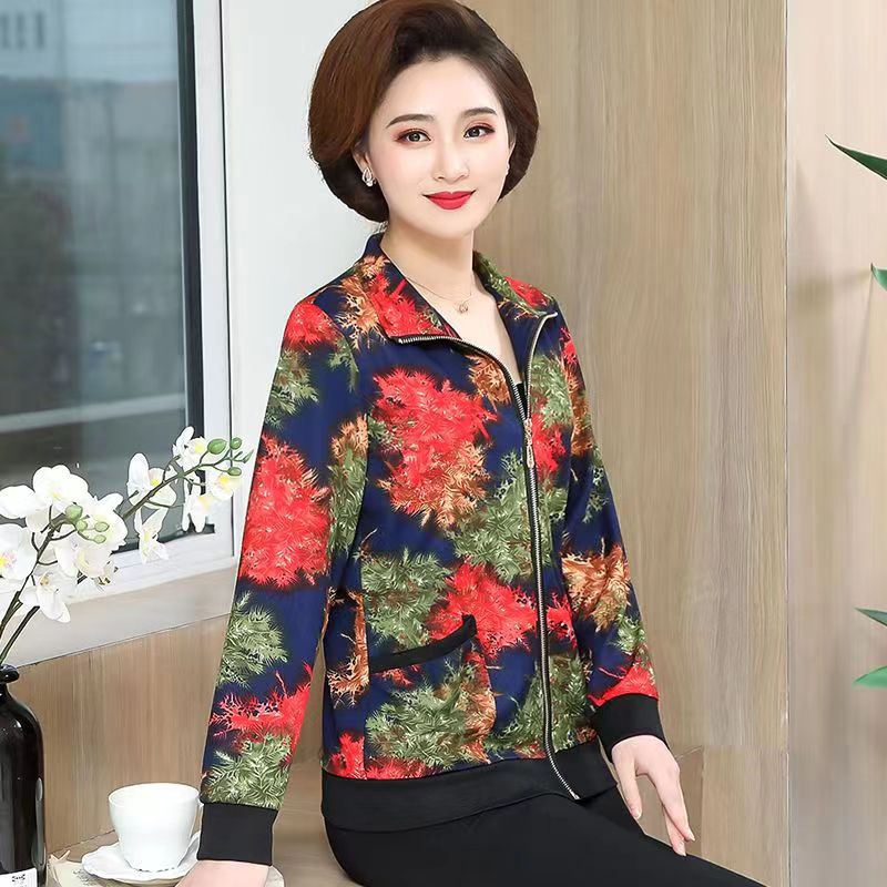 2024 new middle-aged mom spring and autumn clothing jacket thin middle-aged and elderly women's jacket long sleeve loose top batch