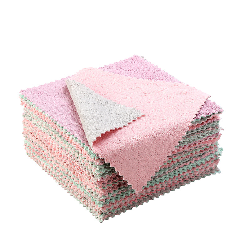 Coral fleece double-sided dishcloth thickened loofah wear-resistant dishwashing towel water ripple household scouring pad kitchen supplies wholesale