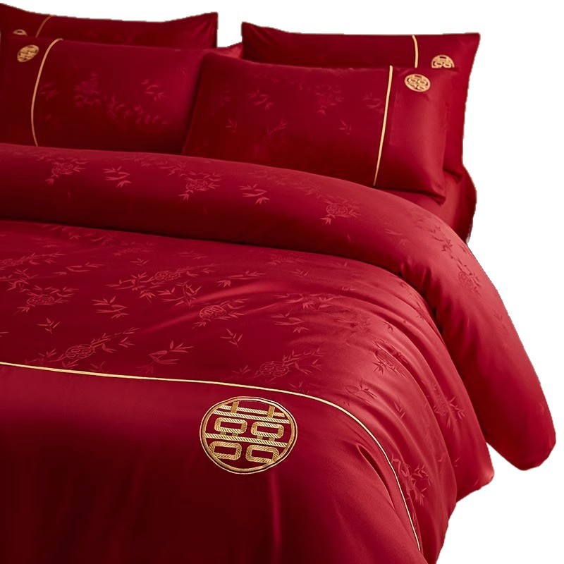 High-End Jacquard Wedding Bed Four-Piece Set Wedding Big Red Wedding Bed Bedding Quilt Cover Newlywed Supplies Wedding Quilt Bed Sheetss