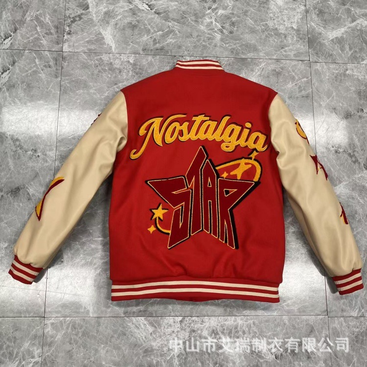 Source Factory Custom High Street College Embroidered Baseball Jacket Woolen Spring and Autumn Loose Stand Collar Top for Men and Women