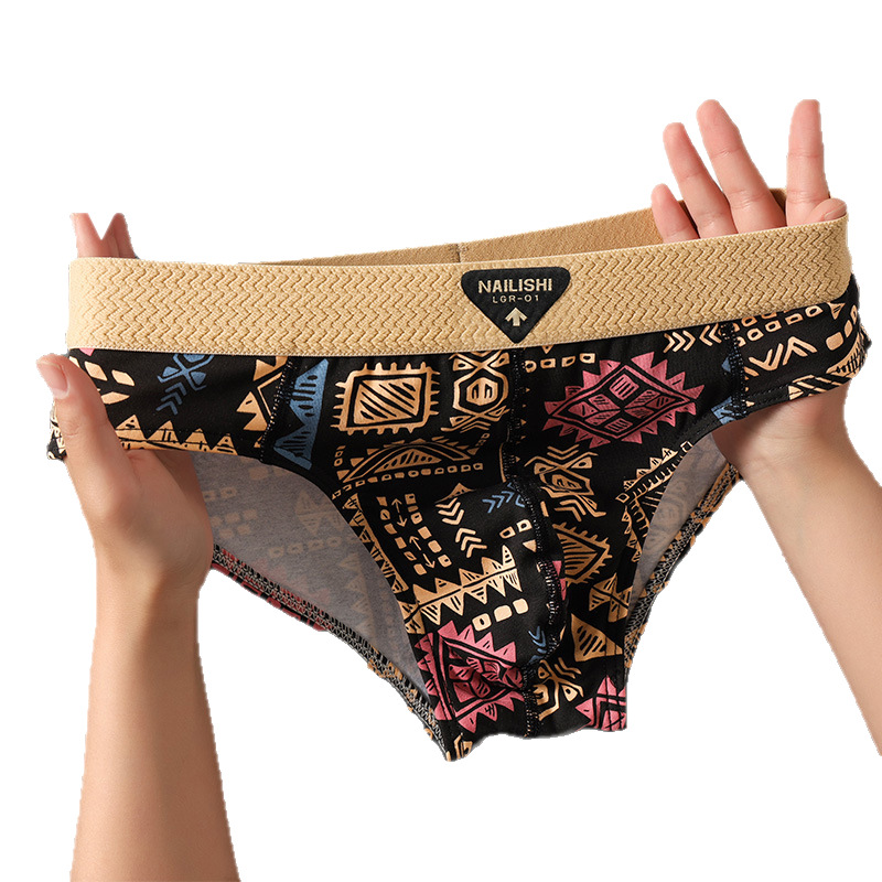 Men's Underwear Briefs Ethnic Style Trendy Men's Boxer Cotton Breathable Youth Mid-Waist Briefs Shorts