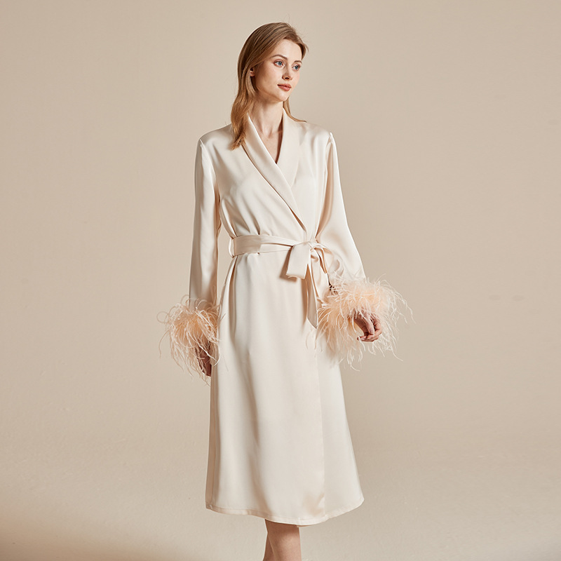 Can Be Worn Outside, Feather Nightgown, French Wedding Dressing Gown, Female Bride's Sexy Imitation Silk High-End Spring and Autumn Pajamas