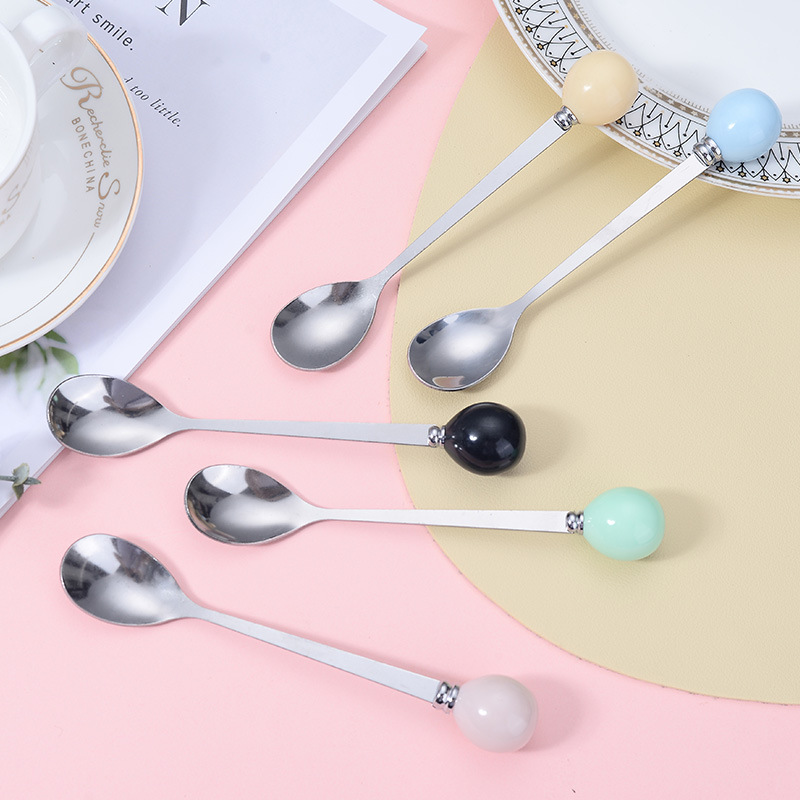 Macaron Color Spoon Creative Ball Stainless Steel Fruit Fork Color Glaze Stainless Steel Imitation Ceramic Handle Spoon Ins