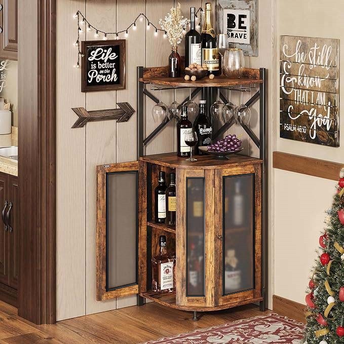 American Country Living Room Corner Wine Cabinet Independent Fan-Shaped Red Wine Display Rack Hanging Goblet Rack