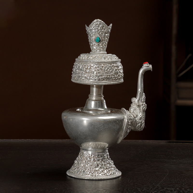 Copper-plated Silver Water Pot Xizang Engraving Pot Carved Flower Household Nepal Craft Tantric Supplies Ornaments