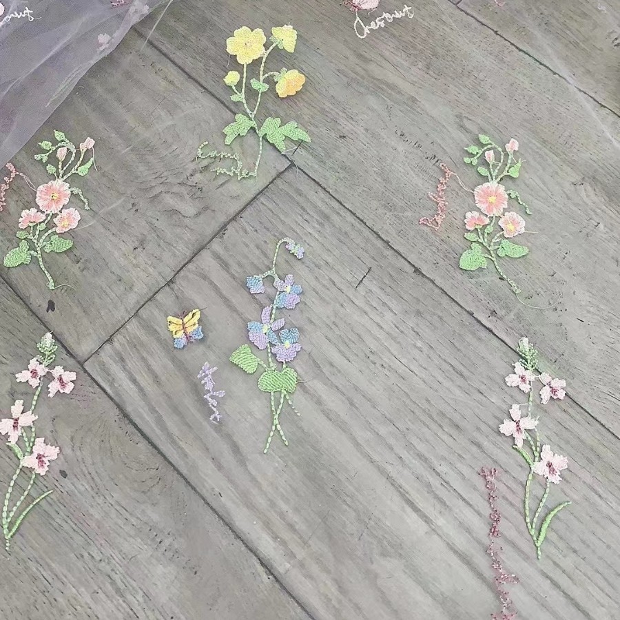 high quality Butterfly Plant Embroidery Swiss Mesh Mesh Embroidery Multicolor in stock Children's Wear Fabric