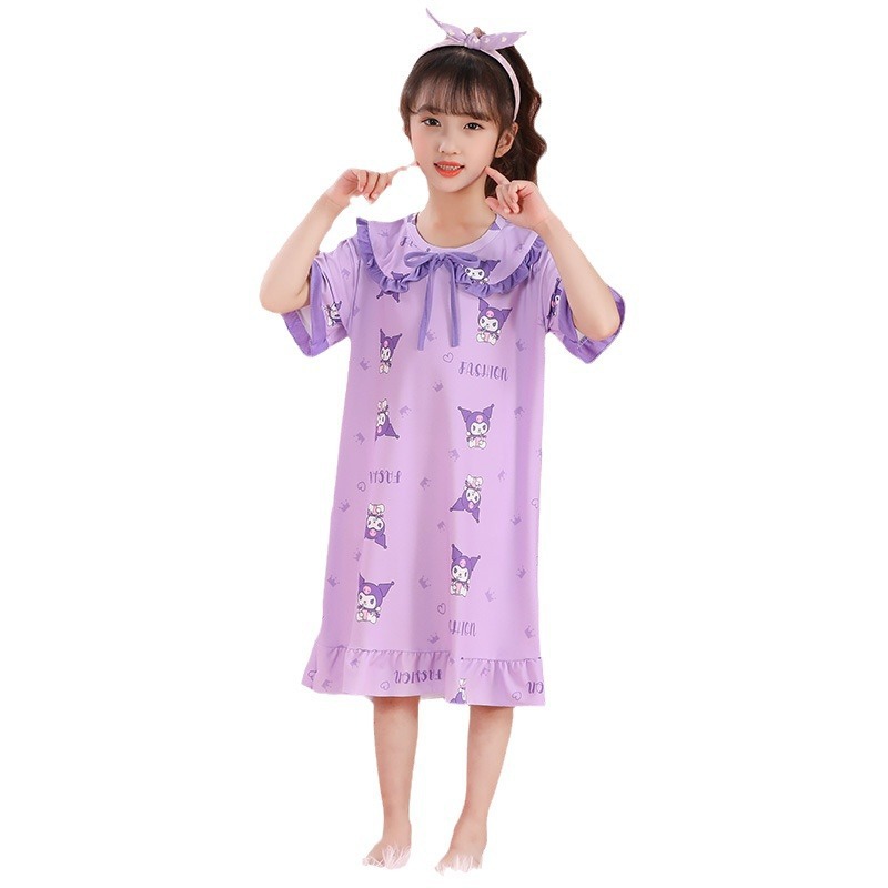 Children's pajamas girls' nightdress short-sleeved summer thin children's clothing girls' medium and big children's air conditioning clothes one-piece pajamas summer clothes