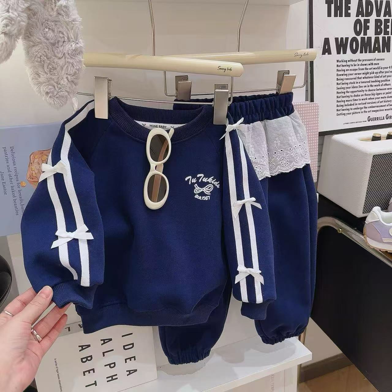 Новый весенний комплект для девочек толстовка Спортивный и повседневный двухпредметный комплект Большие детские брюки с кружевом для выездов