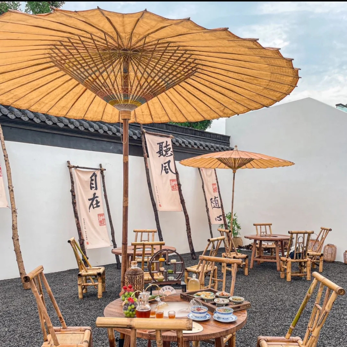 Wuxin Workshop Outdoor Umbrella for Tea Brewing by the Fire, Traditional Chinese Style Large Oil Paper Umbrella, Rainproof and Sunproof for Chinese Courtyard Qingbai Le