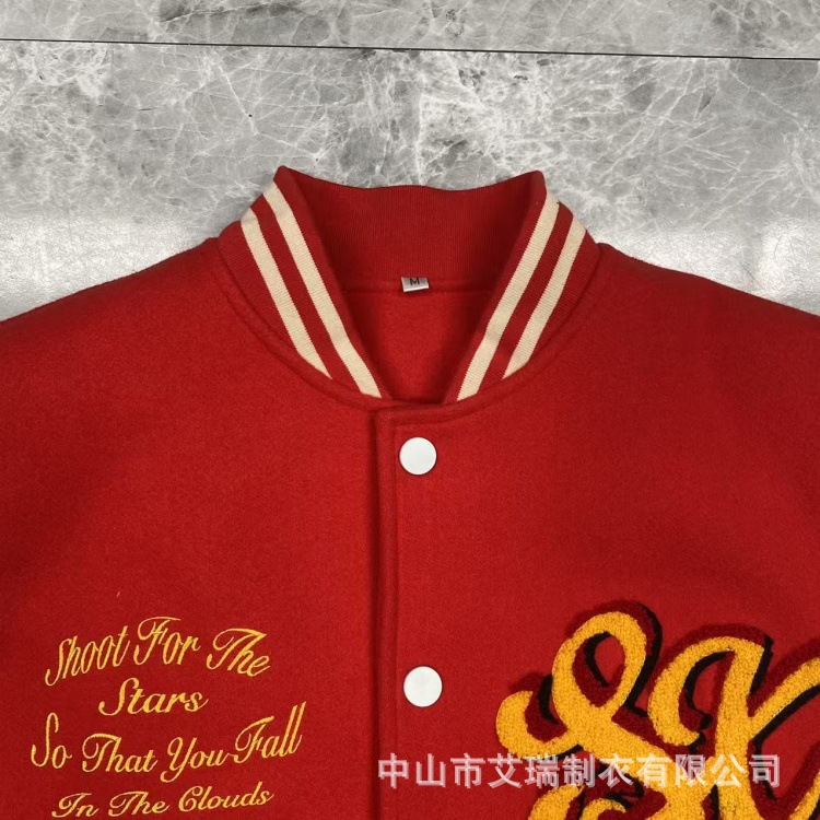 Source Factory Custom High Street College Embroidered Baseball Jacket Woolen Spring and Autumn Loose Stand Collar Top for Men and Women