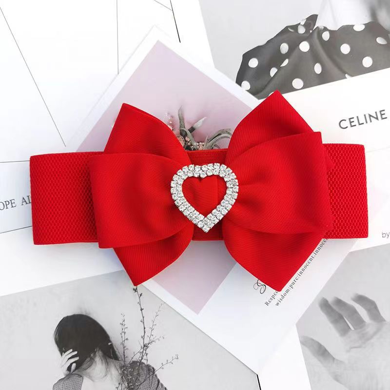 Love Diamond Bow Elastic Belt for Women with Skirt Fashionable Large Size Elastic Waistband Dress Waist Accessories