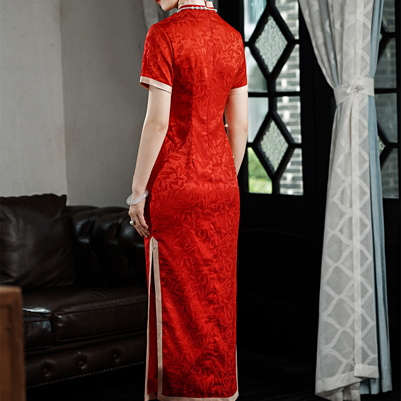 Summer 2023 New Double-sided Jacquard Satin Cheongsam Dress Three-sleeved Long Modified Side Eight-button Double-layer Cheongsam