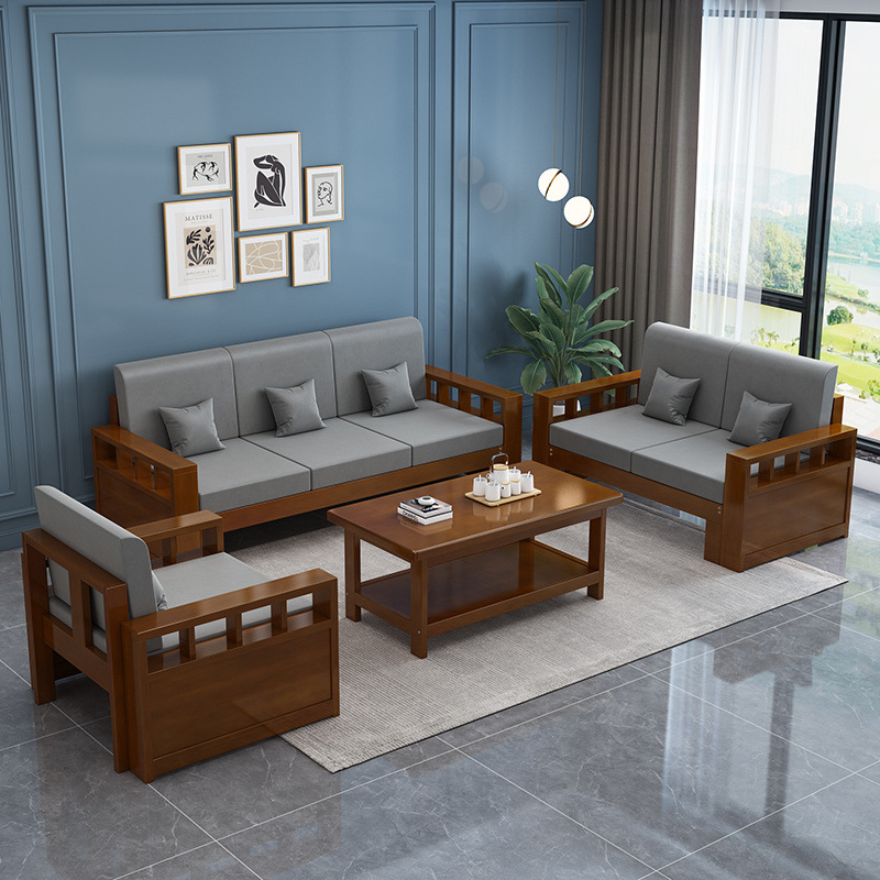 Simple Modern Solid Wood Sofa Coffee Table Combination Small Apartment Living Room Corner Chaise Lounge Pine Wood Sofa New Chinese Style
