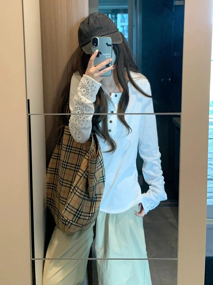 Korean-style Japanese-style sweet cool niche design hemming hollow sleeve lace stitching lace sunscreen polo shirt direct sales