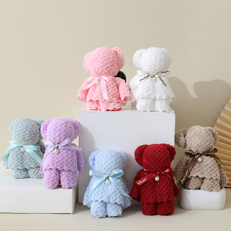 Coral Fleece Bear Pearl Hand Gift Towel Wedding Birthday Gift Festival Opening Creative Hand Gift Towel