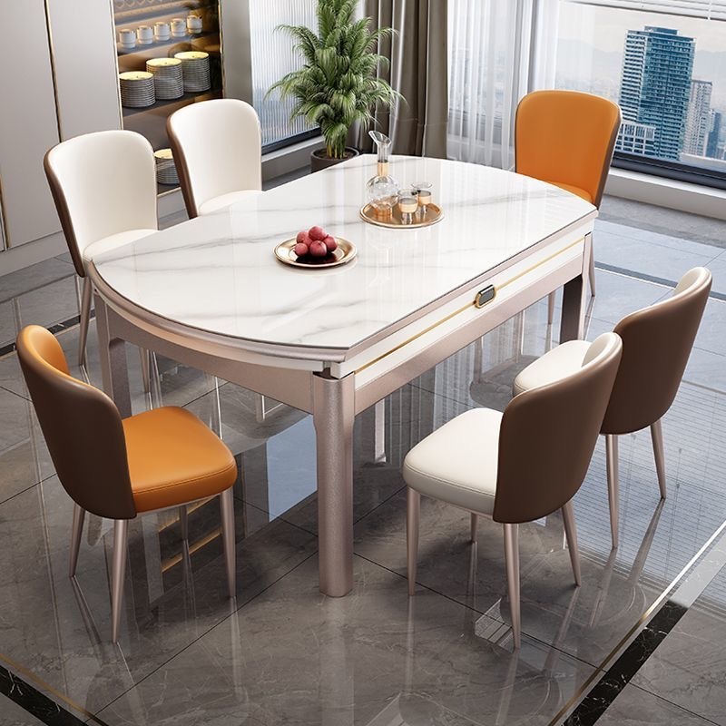 Italian Glossy Slate Dining Table and Chair Combination Table and Chair Set Modern Simple Retractable Folding Solid Wood Round Table