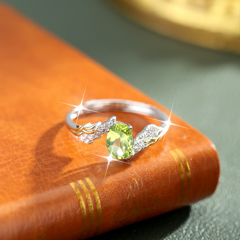 S925 Sterling Silver Ring Women's Natural Crystal Stone Angel Wings Hand Jewelry Niche High-End Non-Fading Open Ring