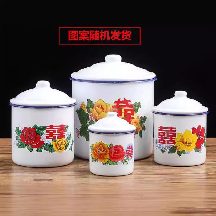 Nostalgic Classic Vintage Red Double Happiness Enamel Cup Red Iron Tea Cart with Lid Wedding Festive Pack Vintage Mug