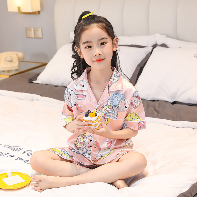 Milk Silk Children's Pajamas Women's Two-Piece Short-Sleeved Korean Style Cute Girl's Cartoon Boys' Home Clothes pajamas