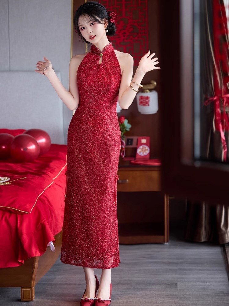 Burgundy High-End Engagement Cheongsam Dress New Chinese Style Toast Dress Bride Home Thanksgiving Banquet Casual Wear